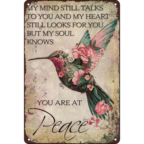 Hummingbird My Mind Still Talks to You Art Deco Tin Sign, 8x12 Inches, Wall Mount, 1 Count