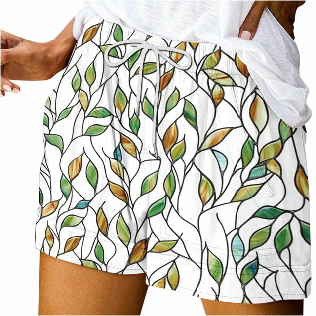 Pantalones Cortos Sueltos para Mujeres de Verano Impreso Encaje Hasta Bolsillo Elástico Pantalones Cortos Casuales Poliéster, Moda Pantalones Cortos de Verano para Uso Diario Y de Ocio