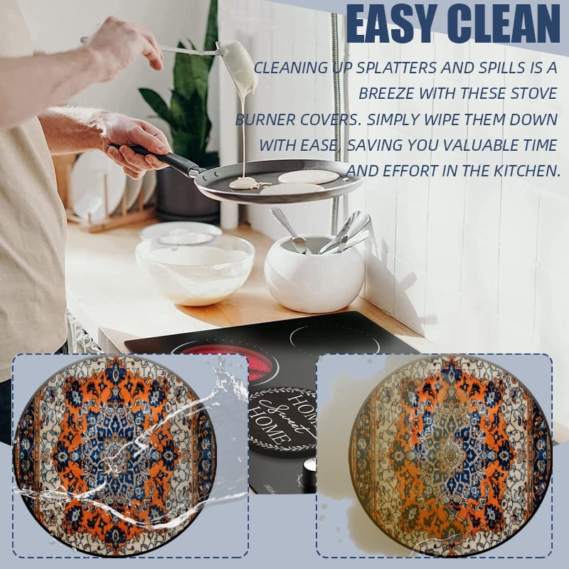 Set of 4 Round Electric Range Burner Covers, Retro Boho Floral Mental Durable Gas Stove Burner Covers for Kitchen Decoration , Two Small 8 Inches and Two Large 10 Inches