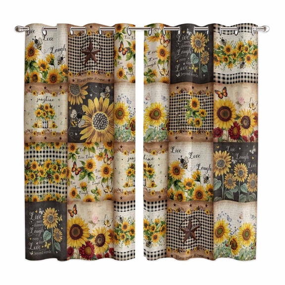 Curtains 84 Inches Long 2 Panels, Sunflowers Grommets Window Treatment Curtain, Farmhouse Vintage Western Texas Star Plaid Thermal Curtains Drapes for Living Room/Bathroom