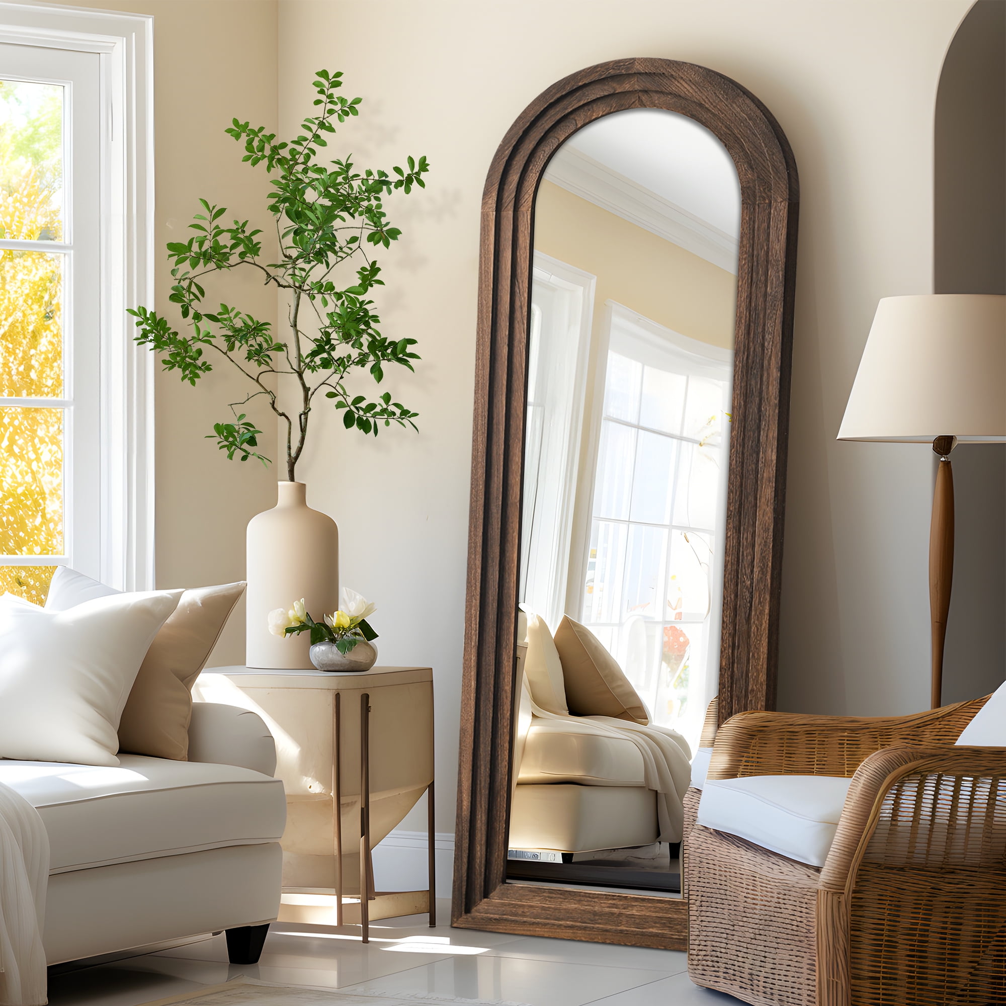71"x31" Wood Ladder Arched Floor Mirror Full Length Mirror,Charcoal