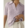 thumbnail image 2 of Short Sleeved Women Solid Color Lapel V Neck Casual Knit Cable Pullver Sweater, 2 of 4