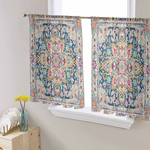 Colorful Boho Semi Sheer Curtains 45 Inch Length 2 Panels Set, Ethnic Vintage Mexican Flowers Southwestern Sheer Kitchen Curtain Privacy Voile Window Curtain for Living Room Bedroom Rod Pocket Drapes