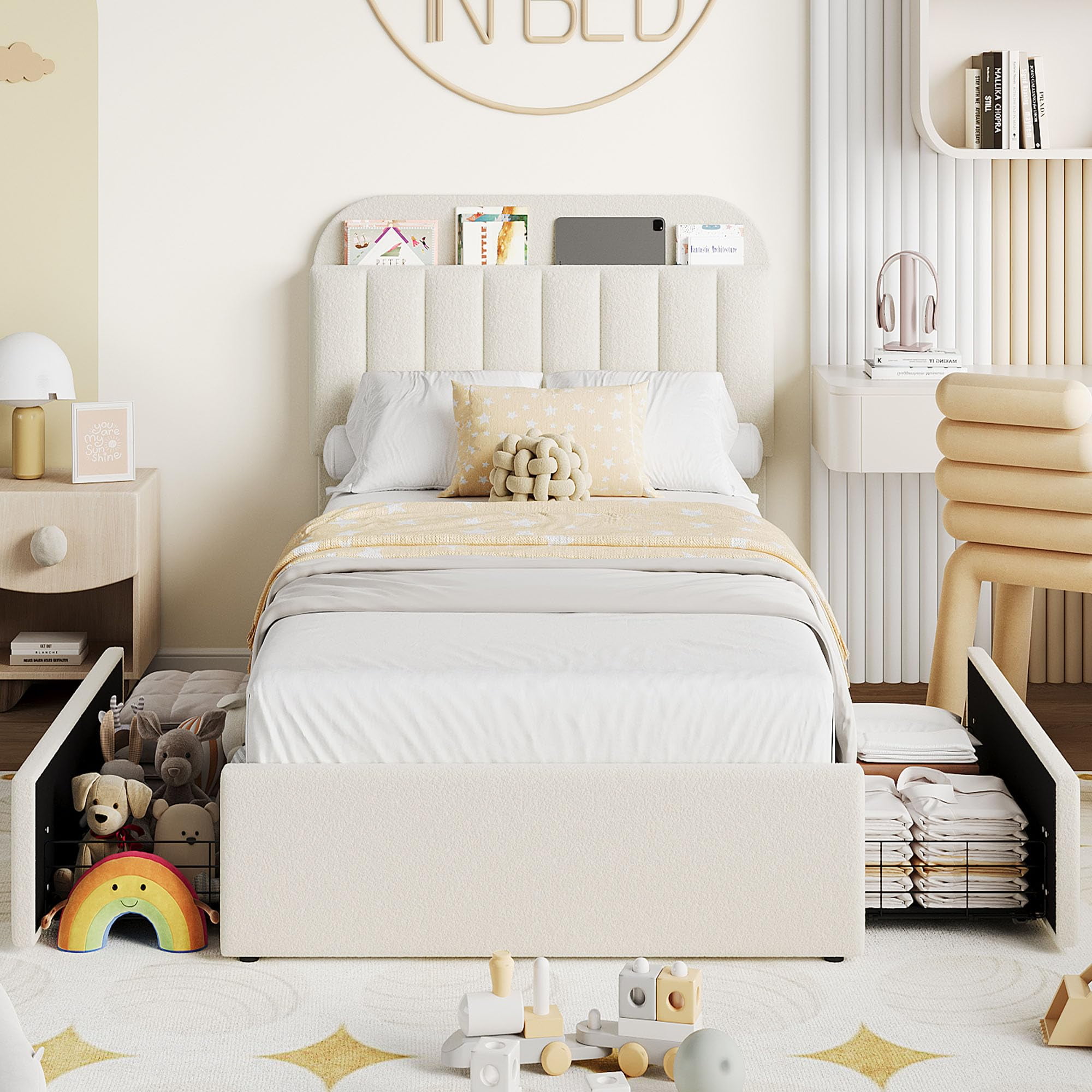Upholstered TWIN Platform Bed, TWIN Size Bed Frame with Storage Underneath and Headboard, Wood Platform Bed for Bedroom (White)