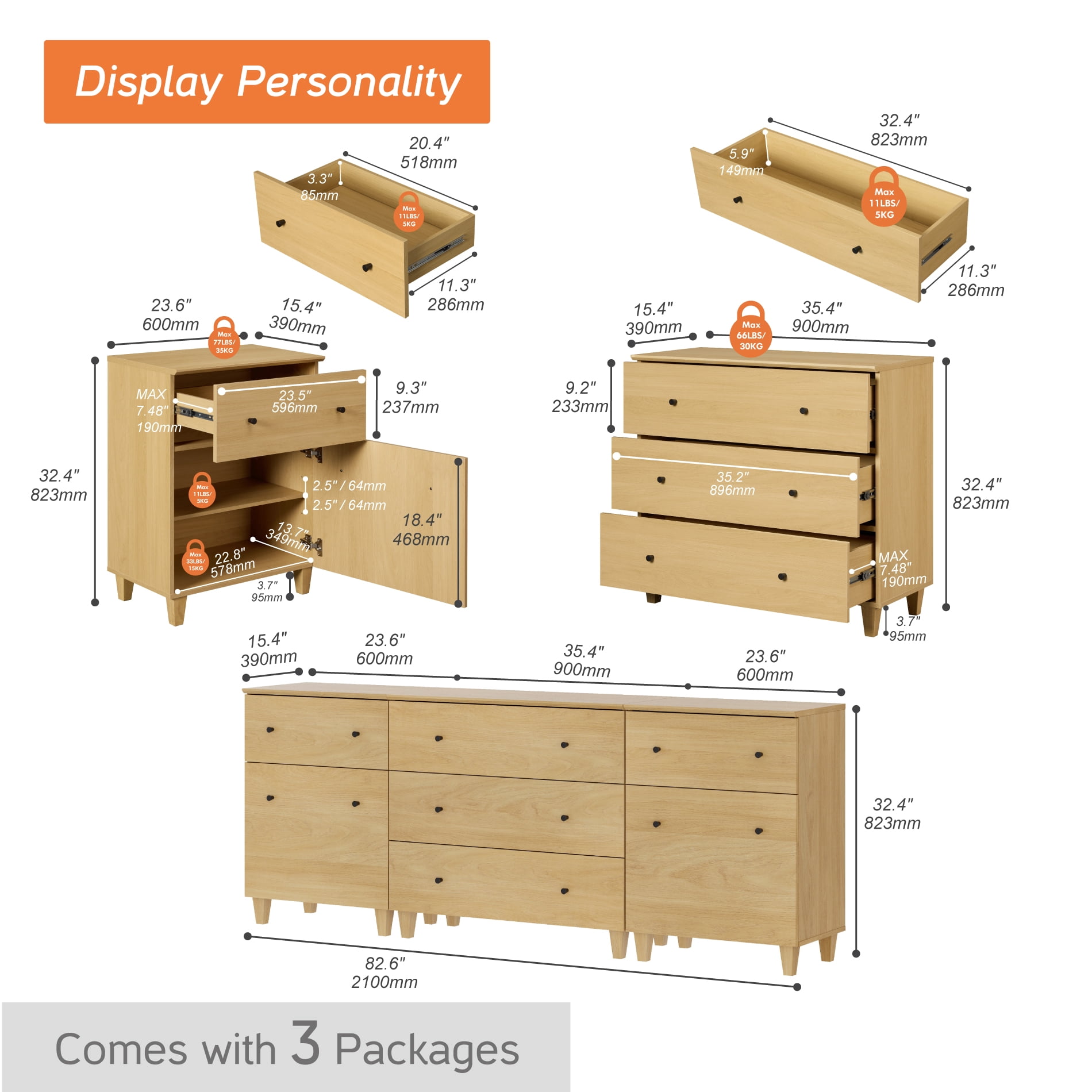 WAMPAT Wide TV Stand for 85+ Inches TVs, 3-in-1 Modern Wooden Media Console with 5 Spacious Drawers and 2 Storage Cabinets for Living Room, Oak