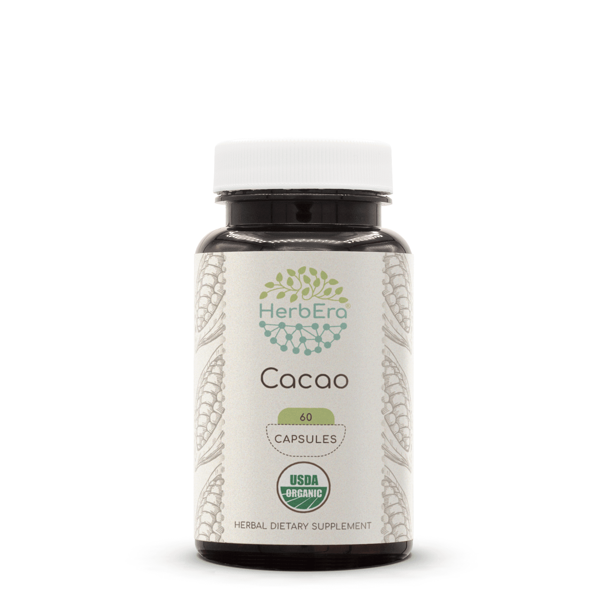 HerbEra Cacao Capsules, Organic Herbal Dietary Supplement for Antioxidant Support, Certified Organic Cacao (Theobroma cacao) Dried Raw Beans Capsules, Natural, 60 Capsules