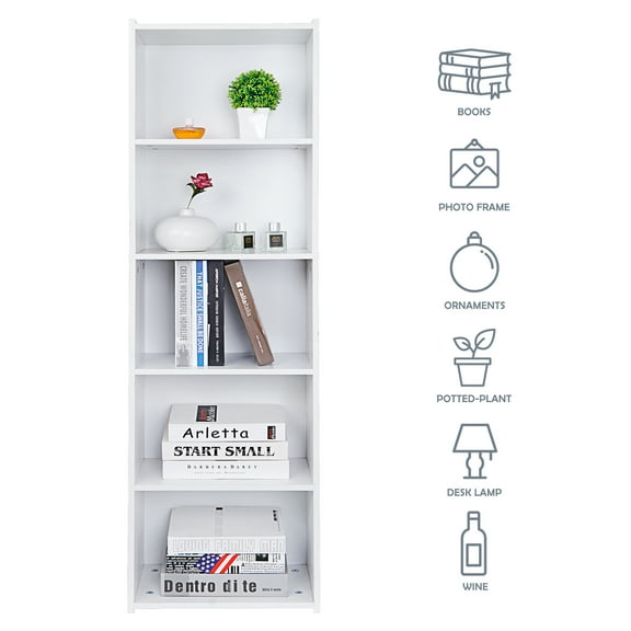 GHooa 5-Tier Open Shelf Bookcase Storage White 52" High Back Storage Indoor