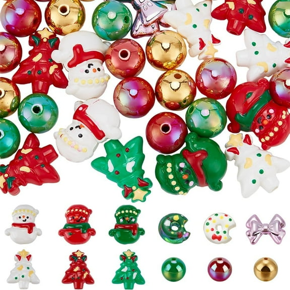 46Pcs Beadable Pens Beads Christmas Themed Beads Red Green16mm Bead Xmas Tree Snowmen Donut Acrylic Beads Accessories for DIY Beaded Pen Keychain Jewelry Bracelet Necklace Craft Making