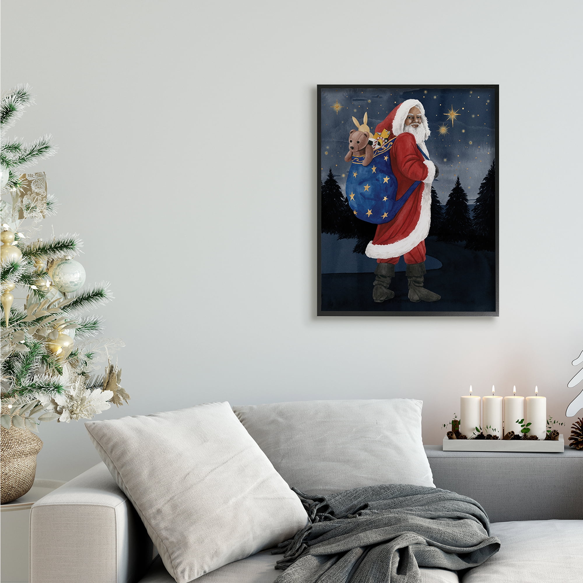 Stupell Industries Santa Claus Sack of Toys Under Night Sky Holiday Painting Black Framed Art Print Wall Art, 24 x 30