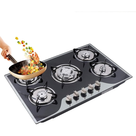 Miumaeov Built-in Gas Cooktop, 5 Burners Gas Stove with Tempered Glass Smooth Surface Automatic Pulse Ignition Countertop Stovefor Kitchen, NG/LPG Convertible