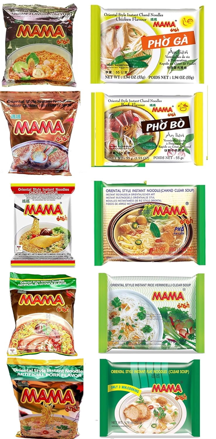 NineChef Mama - Spoon Plus Mama Instant Noodle(shrimp,shrimp creamy, PA-lo Duck, Chicken, Pork, Chand, Flat Noodle, Rice Vermicelli, Pho Ga Chicken, Pho Bo Beef ) 10 flavors 3 bags each total 30 bags