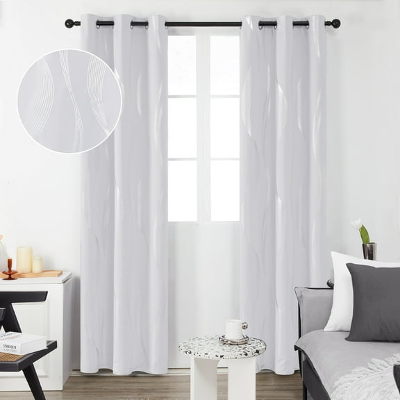 Deconovo Thermal Insulated Blackout Curtains, Silver Wave Stripe Foil Printed, Light Blocking Grommet Curtain for Kids' Room (42 x 63 inch, White, 2 Panels)