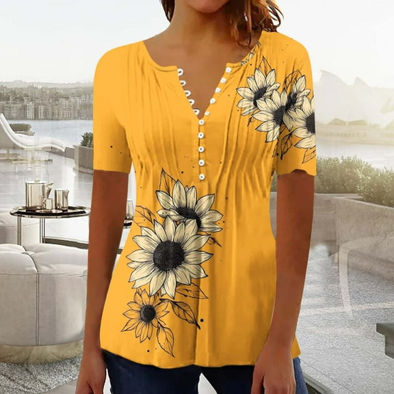 AOOCHASLIY Fashion Women T-shirts Summer Fold Printed Regular Women Short Sleeves Blouses V Neck Button Tops