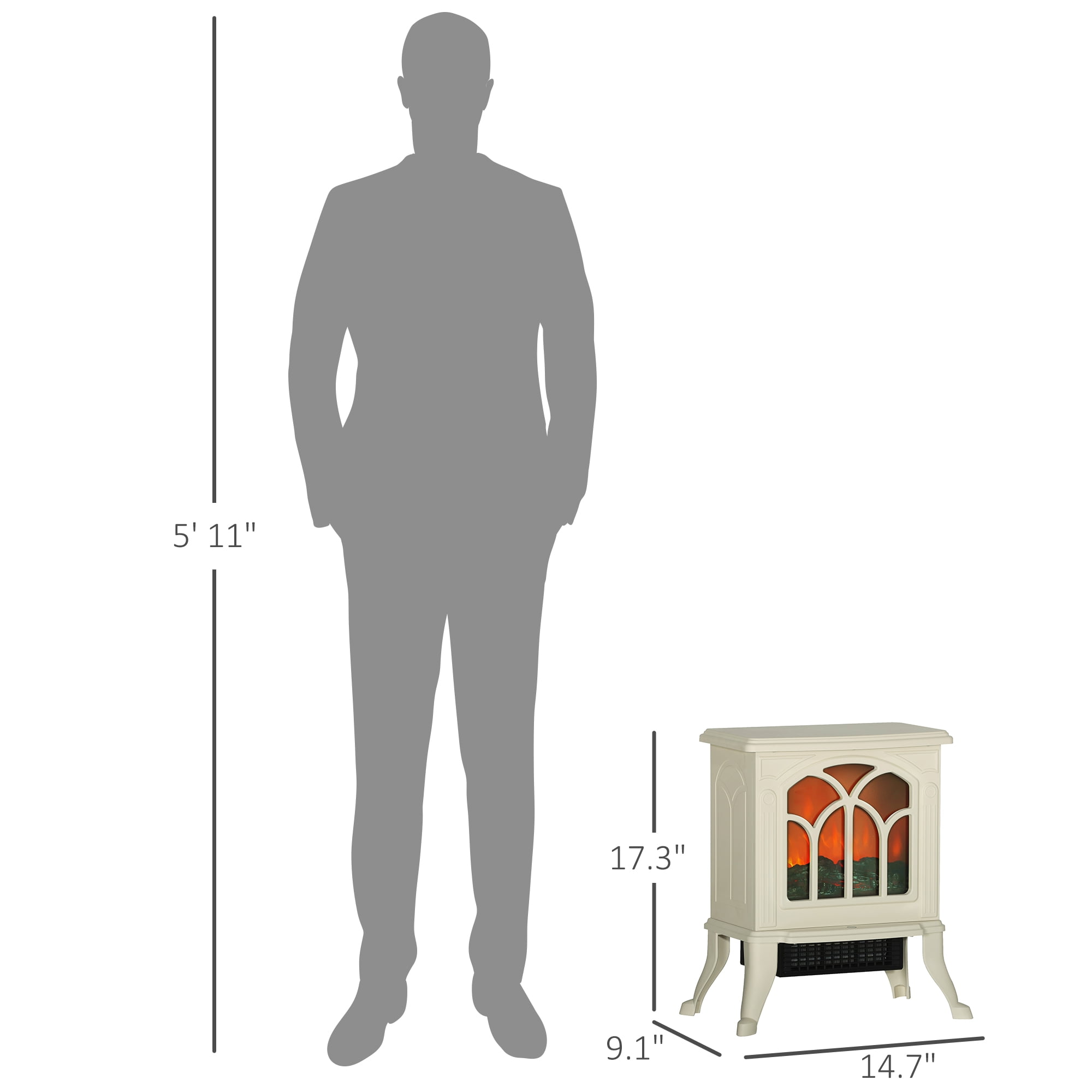 14.75" Freestanding Electric Fireplace, Beige 750W/1500W 161-215 sq.ft, Tempered Glass Overheat Protection Independent Flame Effect