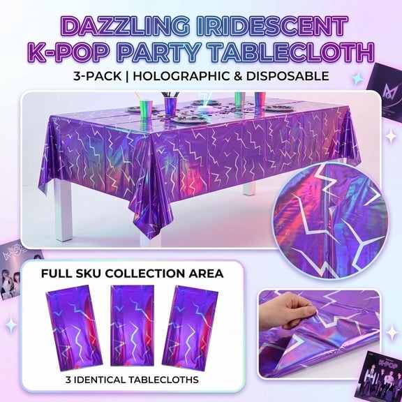 Iridescent Tablecloth, Kpop Table Cloth for Kpop Birthday Decorations, Purple Tablecloth for Halloween Tablecloth, Neon Table cloths Disposable Rectangular Covers, 3pc