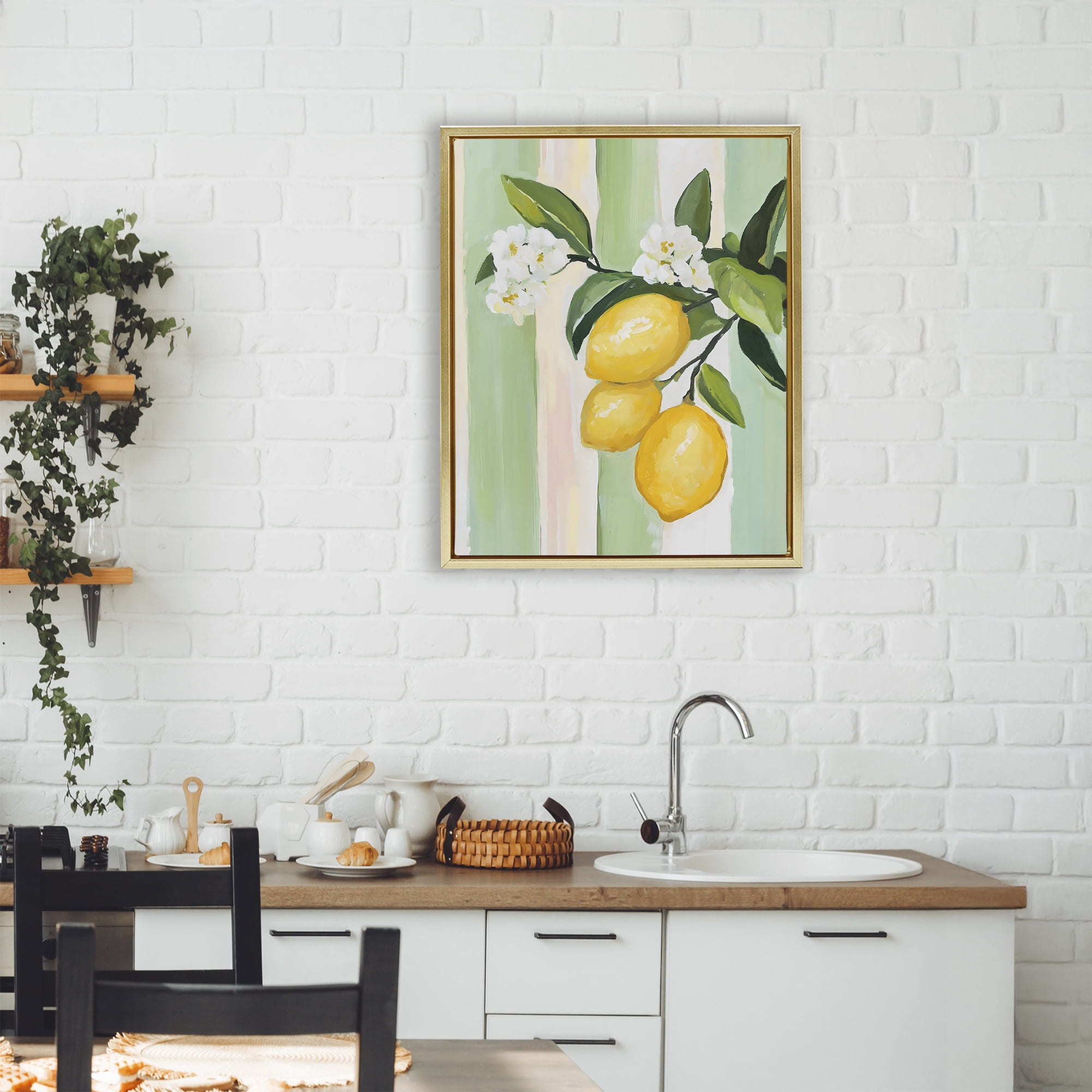 Stupell Industries Lemons & Flowers on Stripes Gold Framed Floater Canvas Wall Art, design by The Prints Vibe