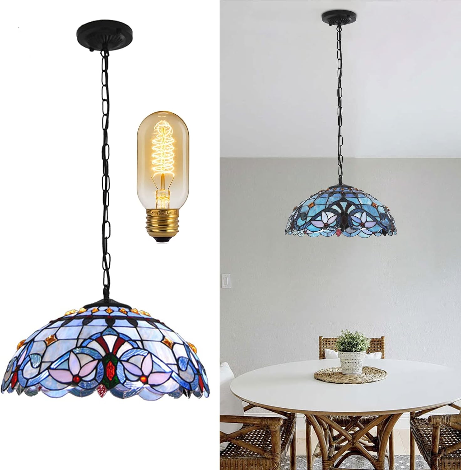 Tiffany Semi Flush Mount Ceiling Fixture Antique Baroque Stained Glass Ceiling Lighting Hanging Lamps Art Decor Pendant Light Fixtures for Dining Room Bedroom Living Room Hallway
