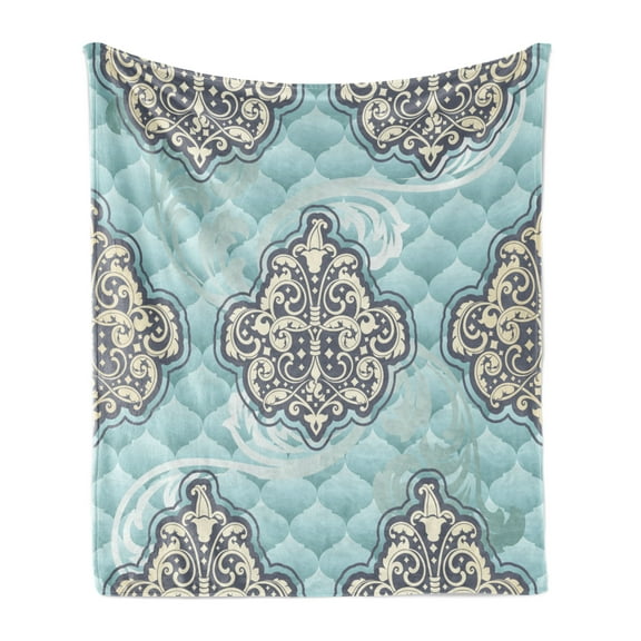 Victorian Soft Flannel Fleece Throw Blanket, Rococo Style Design Tiles Romantic Diamond Swirls, Cozy Plush for Indoor and Outdoor Use, 60" x 80", Pale Blue Ivory, by Ambesonne