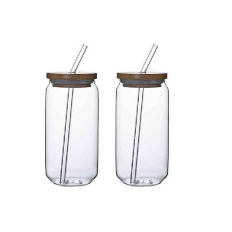 2 Pack Drinking Glasses Beer Can Glass Cups 16 oz Can Shaped Tumbler Glass  with Bamboo Lids and Straws Large Drinking Can Cups for Ice Soda Tea Iced
