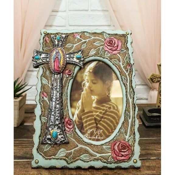 Catholic Lady Of Grace Mary Guadalupe Cross With Pink Roses 4X6 Picture Frame