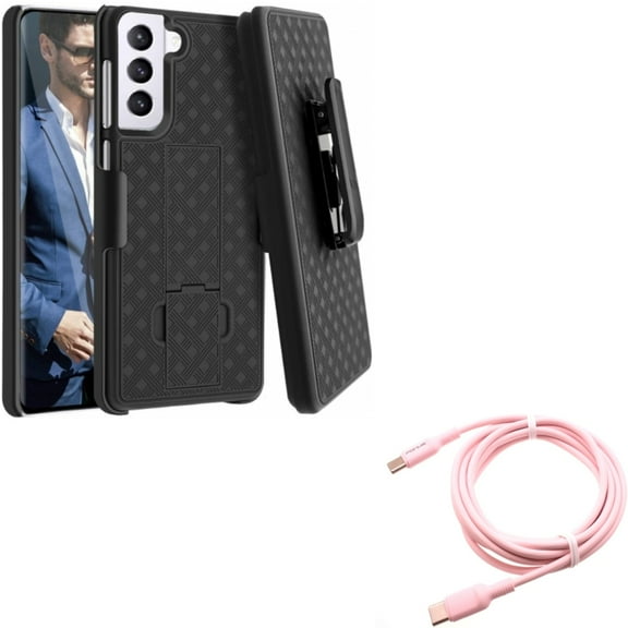 Case Belt Clip w Pink 10ft Long Cable for Samsung Galaxy S21 Plus - Holster Swivel Cover, USB-C to Type-C PD Fast Charger Cord Combo