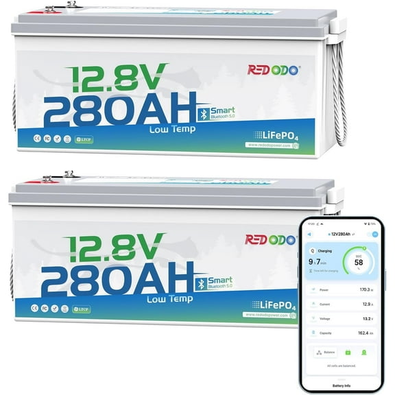 Redodo 12V 280Ah Bluetooth Lifepo4 Battery, Low Temp Cut-off Max 3584Wh Lithium Battery with 200A BMS, 4000  Cycle, Ideal for Trolling Motor, Marine, RV and off Grid - 2 Pack