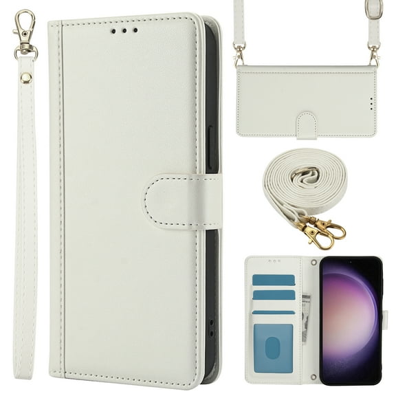 for Samsung Galaxy S24 Case with Card Slots and Shoulder Strap, Crossbody Lanyard Purse Cover Flip Stand Premium PU Leather Folio Phone Wallet Case for Galaxy S24 Women Girls, White