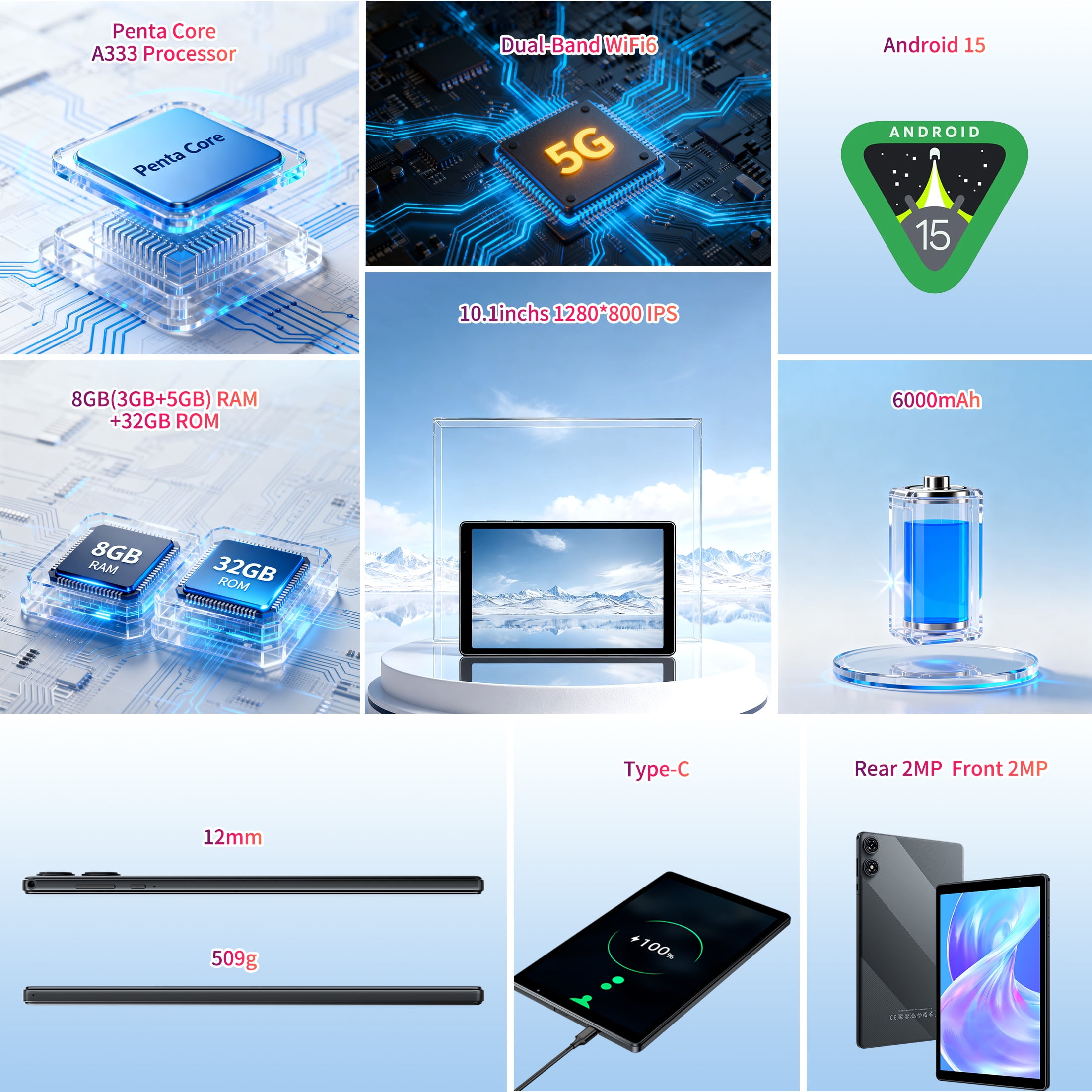 Android 15 Tablet 10.1 inch Tablet,8GB RAM 32GB ROM,WiFi 6,6000mAh Battery,1280 * 800 IPS Touch Screen,Metal Body,GMS Certified,Gray