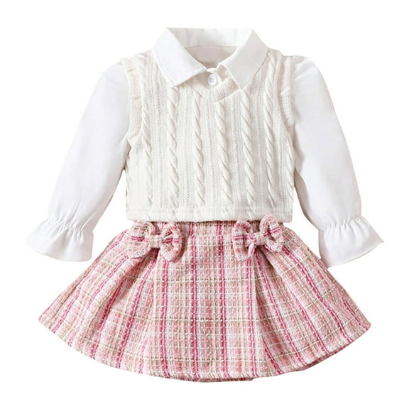 SHTXOZHI Infant Baby Girls 3 Piece Outfit Toddler Long Sleeve Button Down Shirts Vest Bowknot Plaid Skirts