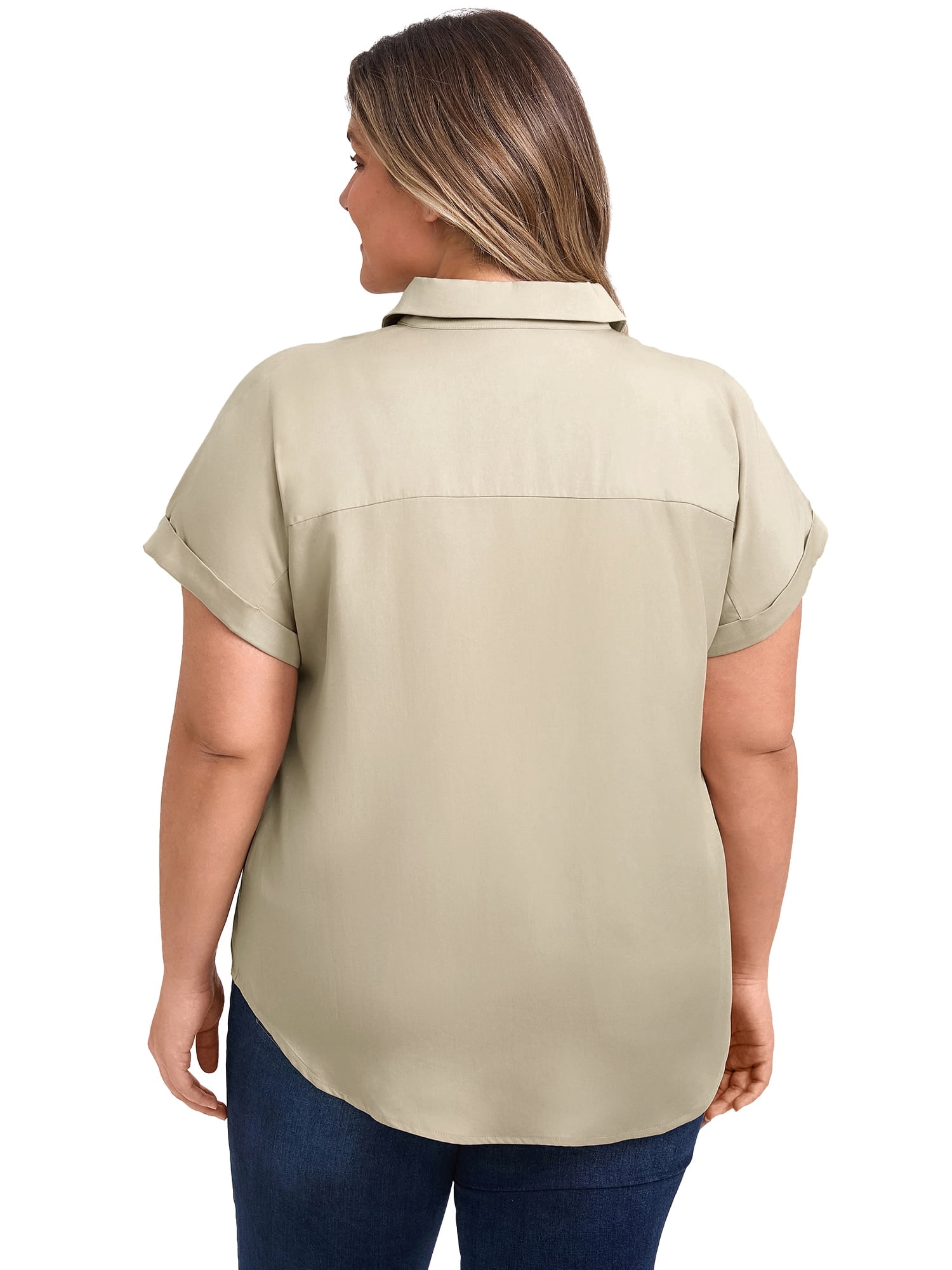 DARING DIVA Women's Plus Size Button Down Polo Lapel Short Sleeve Blouse 4X Khaki