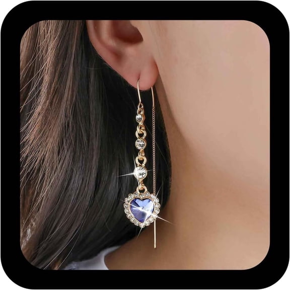 Boho Hearts Ear Threader Earrings Sapphire Heart Dangle Earrings Blue Crystal Heart Drop Earring Long Chain Through Earring Created Sapphire Jewelry for Women