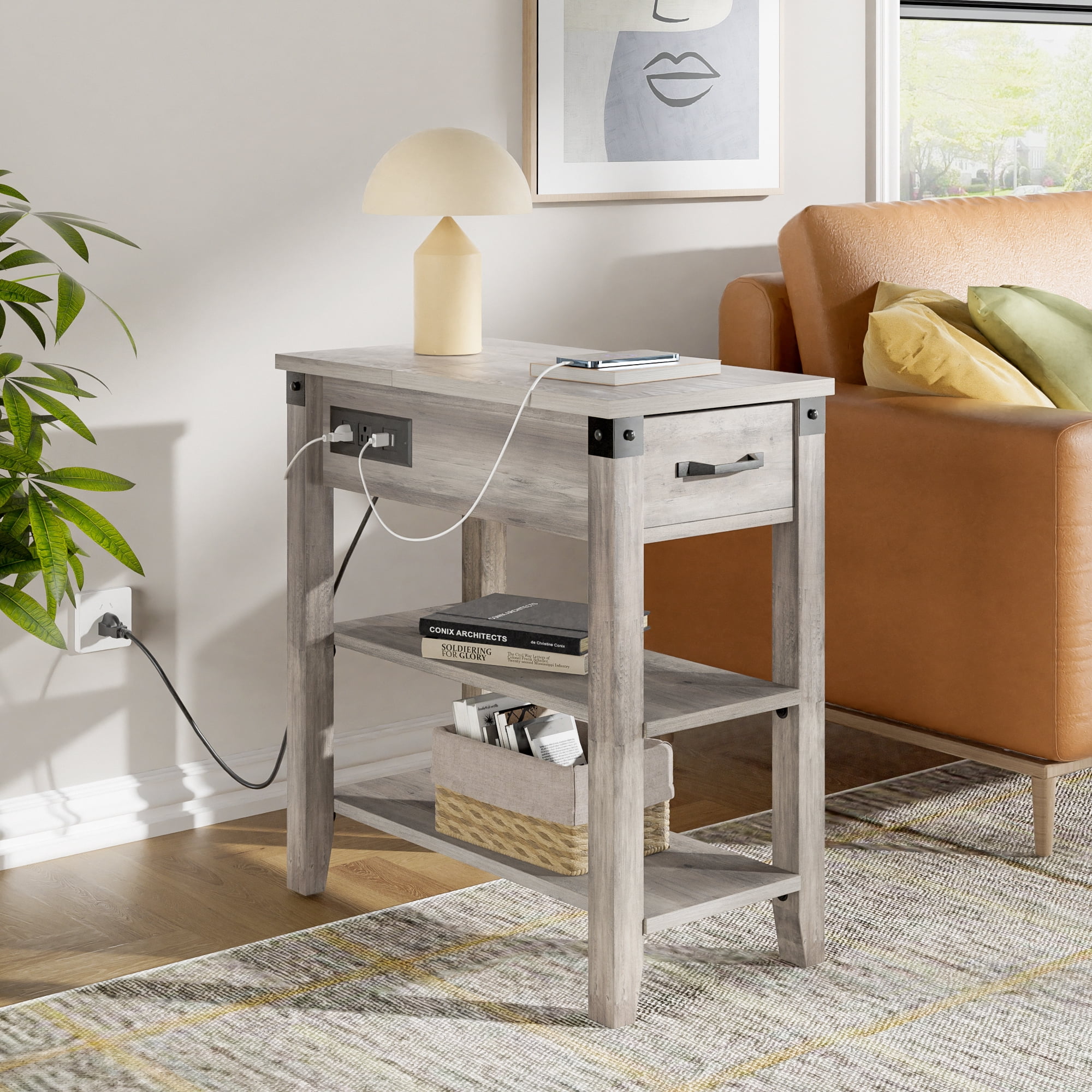 WhizMax End Table with Charging Station, 3-Tier Narrow Side Table with Drawer and Storage End Table Wood Farmhouse Bed Side Table/Night Stand for Living Room Bedroom Office (Rustic Grey)