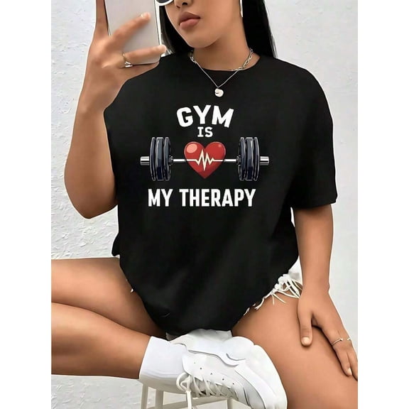 Gym Is My Therapy 1 Pcs Women's Plus Size T-Shirt 220g 100% Funny Oversized Graphic Short Sleeve Tee Novelty Polyester Shirt Casual Crew Neck Top