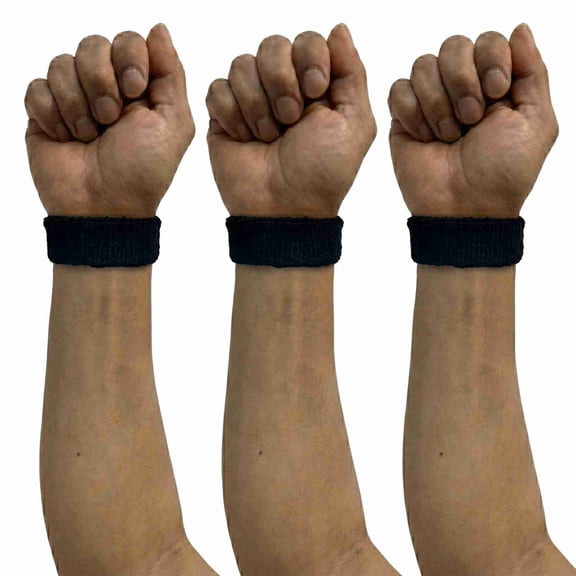 COUVER Cotton Terry Sports Wristbands, 1 Inch, 3 Pairs, Solid Black