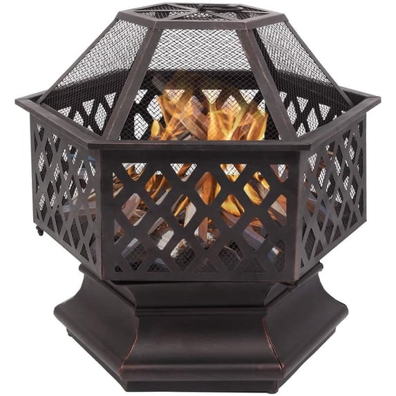 Wood Burning 22'' Fire Pit for Outside, Premium Hex-Shaped Steel Fire Pit w/Flame-Retardant Lid, Metal Fire Pit w/Poker, Multifunctional Heater/Grill/Ice Pit for Backyard Patio Garden BBQ Grill, S8014