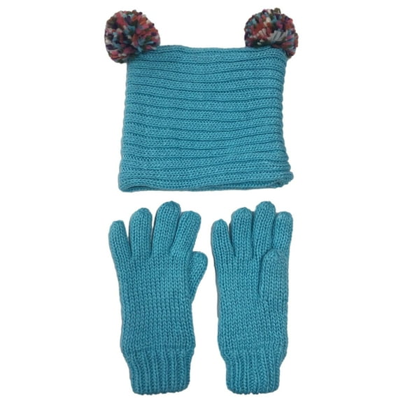 Girls Blue Sparkle Knit Beanie Hat & Gloves Set Fleece Lined Small