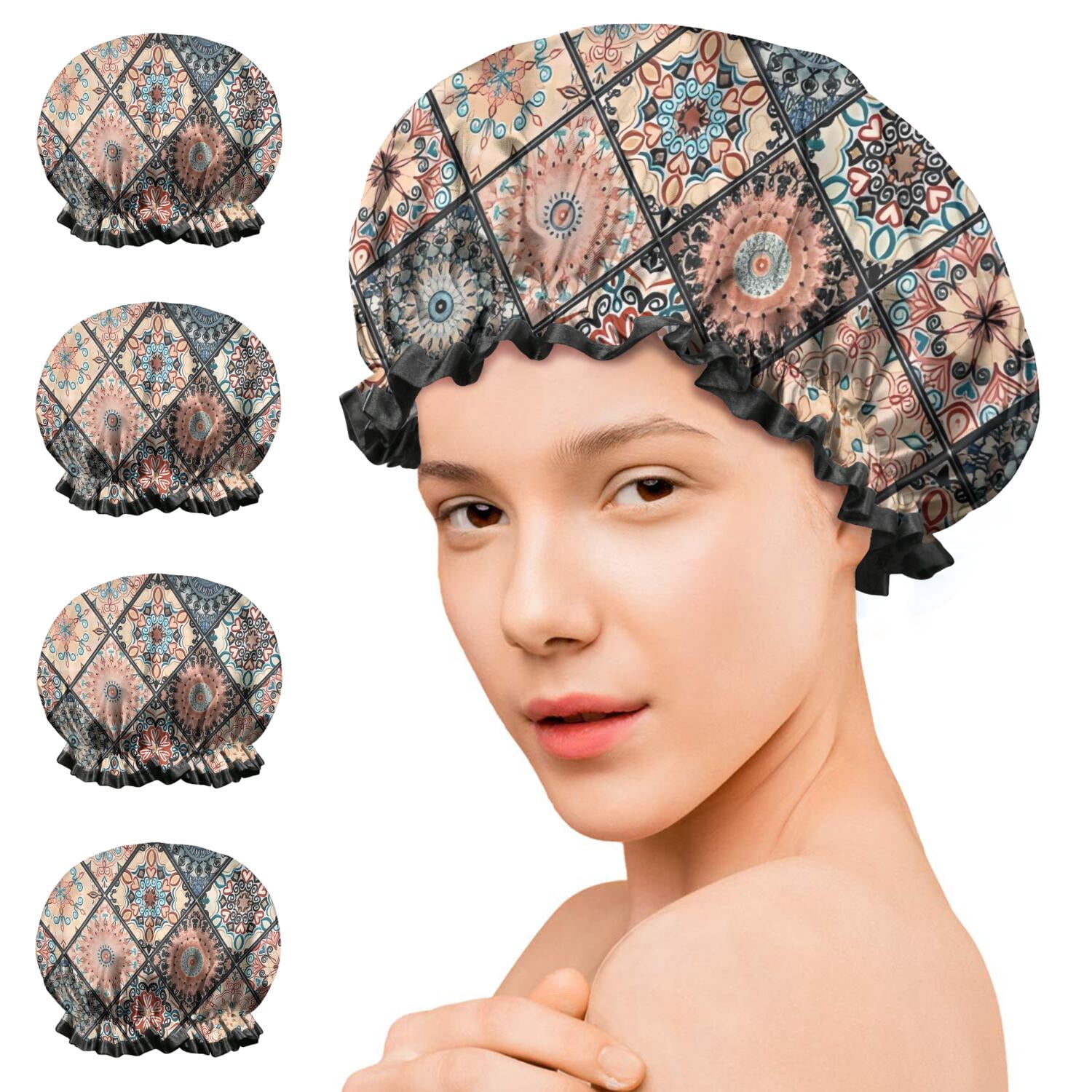 Shower Caps,Multicolor Ethnic Mandala Pattern Waterproof Shower Cap for Women 4 Pieces,Double Reusable Hair Cover for Shower PEVA Elastic Stretch Hem