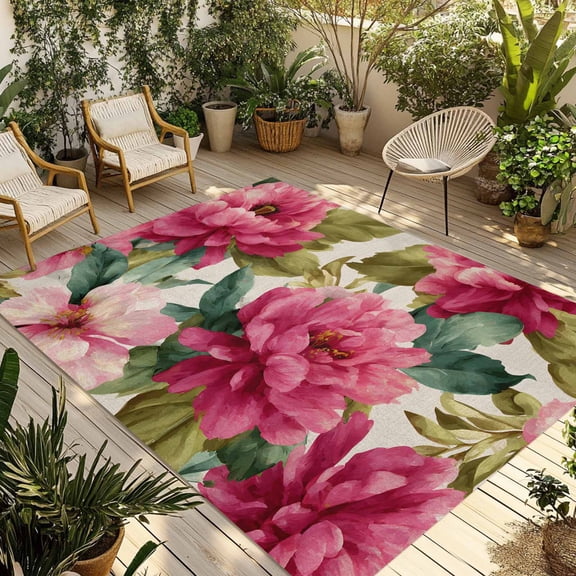 Pink Flowers Outdoor Rug 5x8 Ft - Reversible Patio Rug Outdoor Camping Rugs, Spring Watercolor Floral Leaves Plants Beige Indoor Outdoor Area Rugs, Non-Slip Outdoor Carpet Runner for Deck/Porch
