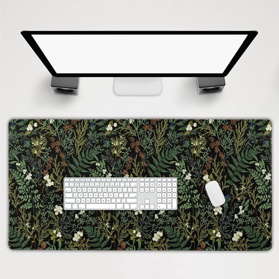 Black Aesthetic Vintage Botanical Gaming Mouse Pad 47.2x23.6 Inch (120x60 CM), Cute Forest Green Plant Nature Floral, NonSlip Stitched Edge Long Mat for Desk Computer