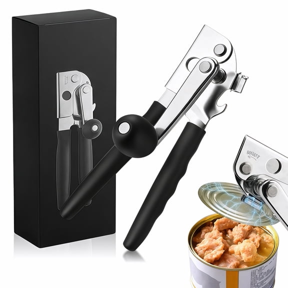 HavenNest Hand Crank Can Opener, Commercial Heavy-Duty 2-in-1 Bottle Cap Manual Opener with Ergonomic Soft Rubber Grip - Smooth Edge Arthritis Friendly Kitchen Tool for Seniors, Black