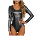 thumbnail image 3 of larppty Women's Shiny Metallic U Neck Long Sleeves Gymnastics Ballet Dance Leotard Bodysuit（Black， L）, 3 of 9
