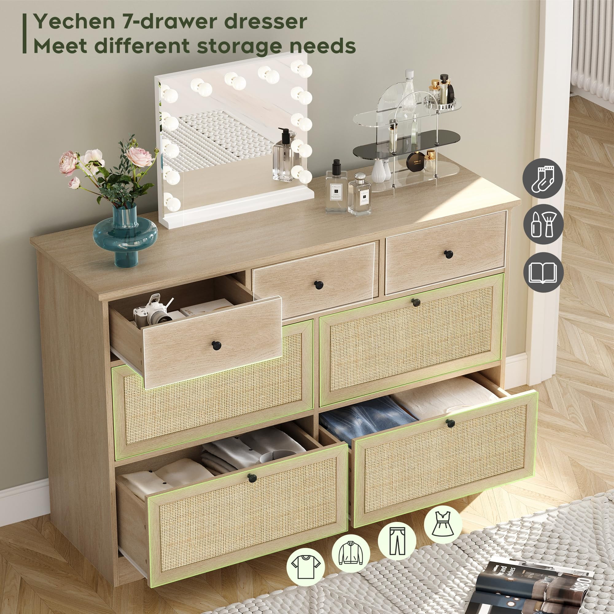 Brafabhome Rattan Dresser, Natural 7 Drawers Combo Double Dresser, Modern Wicker Chest for Bedroom Living Room Hallway | Beige