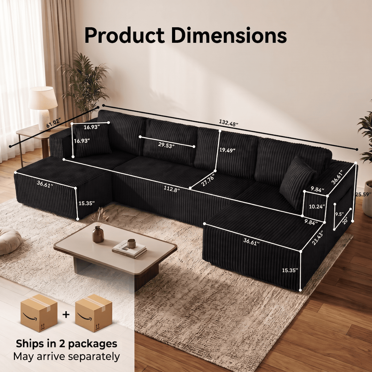 132" Cloud Couch Modular Sectional Sofa, U Shaped Sleeper Sofa Bed, Oversized Chaise, Reversible Corduroy Modular Couch for Living Room, Apartment, No Assembly (Black)
