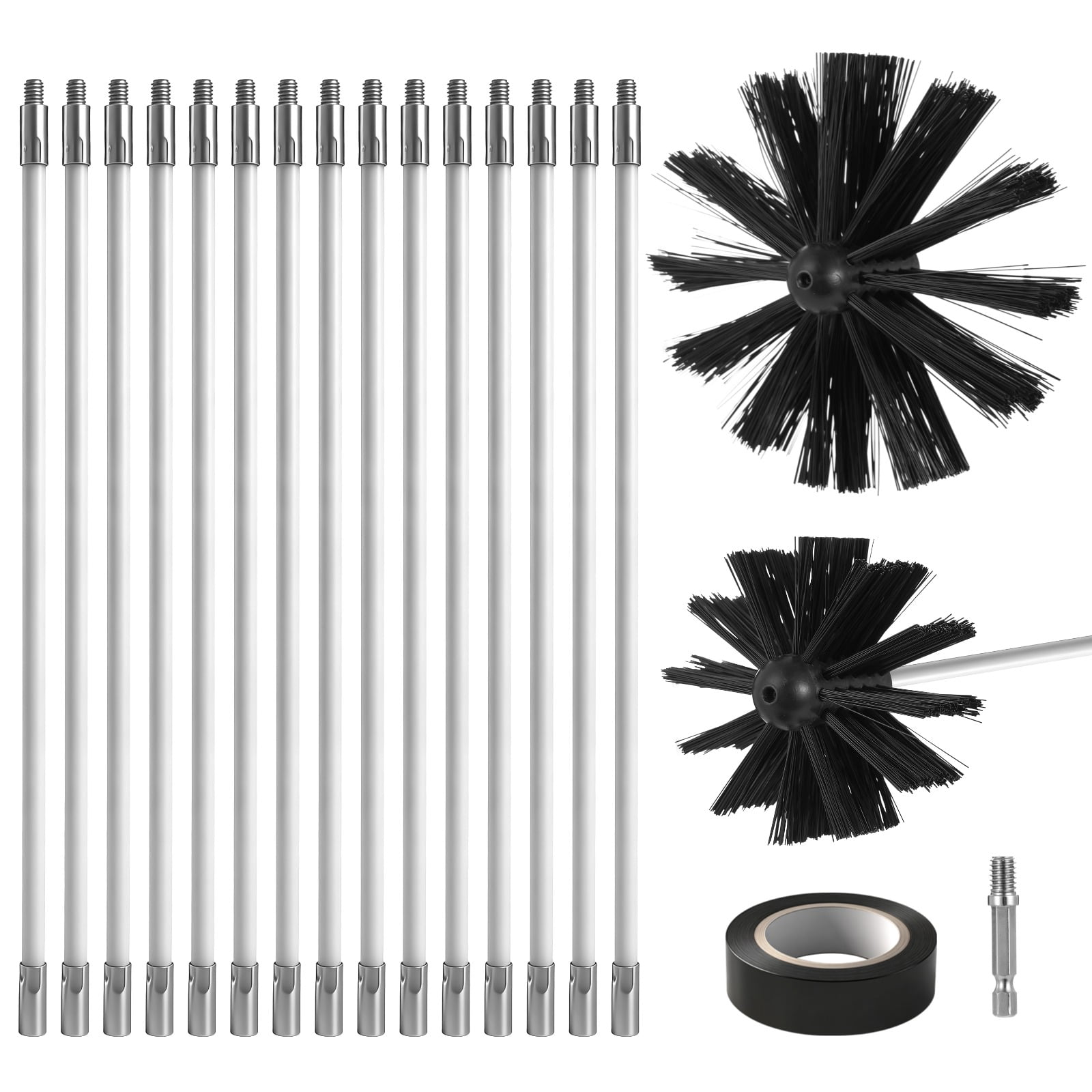 20 ft Chimney Sweep Kit with 15 Flexible Extendable Rods, Chimney Cleaning Kit Includes 3.9 in & 5.9 in Brush Heads, Drill Adapter, Vent Cleaner for Dryer Vent, Fireplace Flues