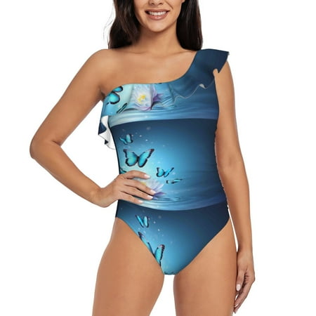 Coaee Butterflies And Waterlily In Water Women s One Piece Swimsuits One Shoulder Swimwear Asymmetric Ruffle Monokinis Bathing Suits - Large