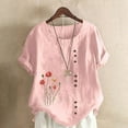 thumbnail image 2 of BiZtdJrK Womens Summer Cotton and Linen Button Round Neck Tees Shirt Fashion Boho Floral Print Beach Tops Casual Plus Size Short Sleeve Blouses Pink XXXXL, 2 of 5