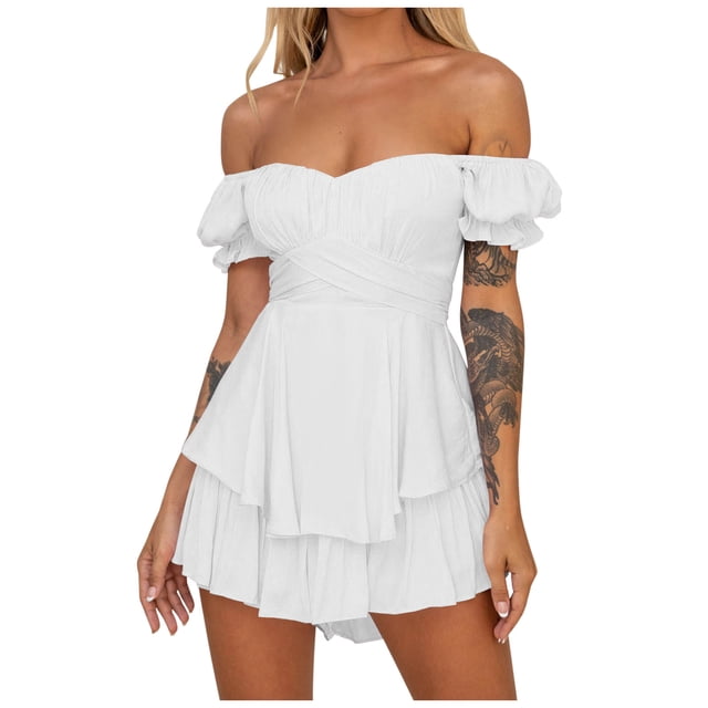 Penkiiy Combinaisons pour Femmes Mode Été Solide Décontracté Manches Courtes Bretelles Combinaison Blanche S Combinaisons