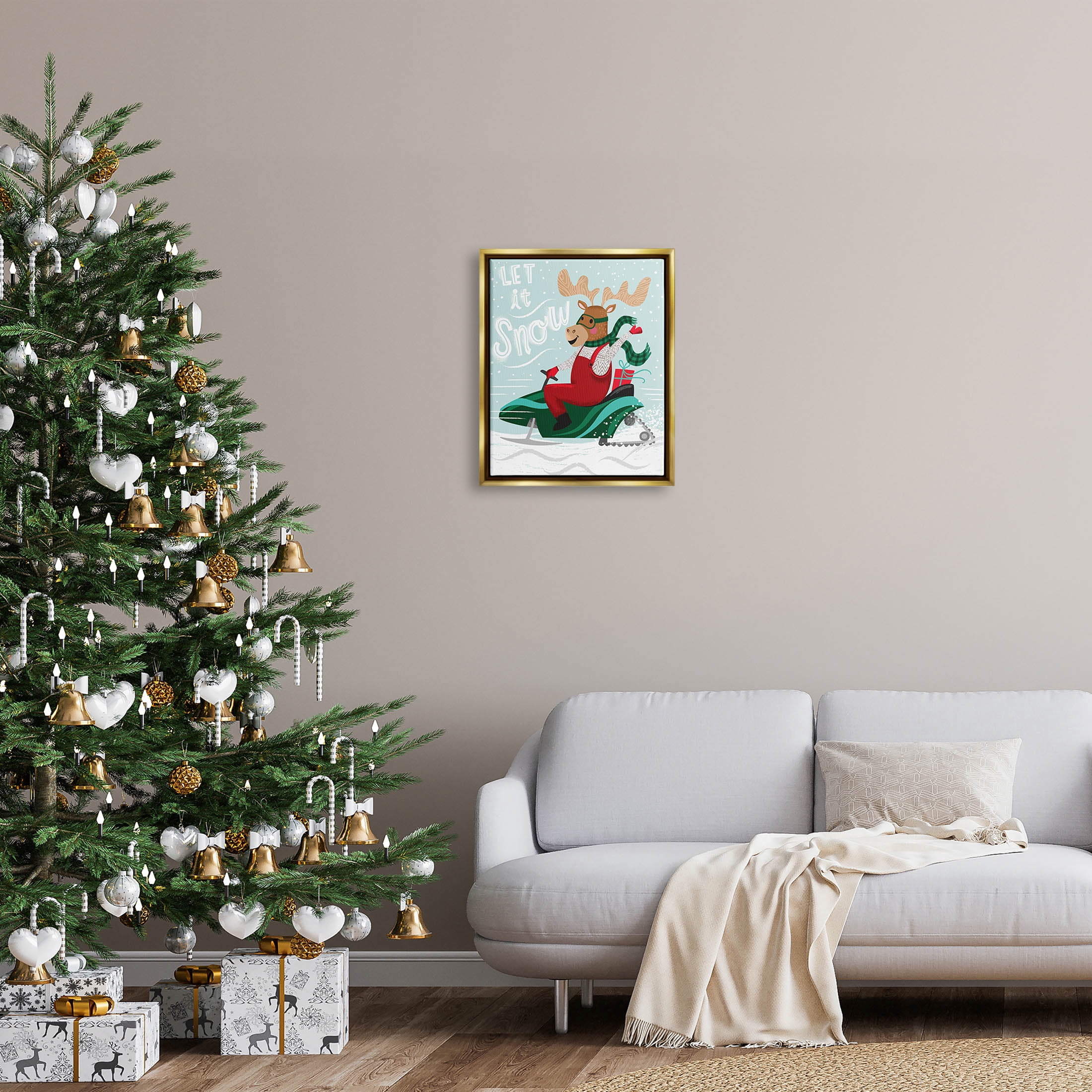 Let It Snow Moose Sleigh Holiday Graphic Art Metallic Gold Framed Art Print Wall Art
