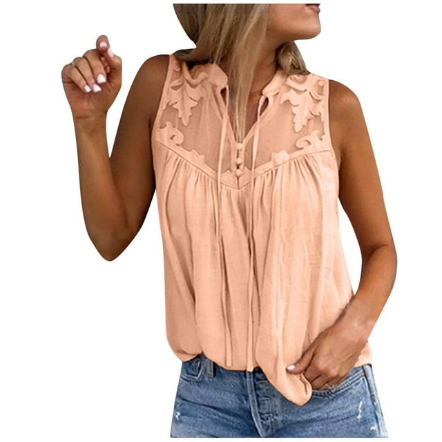 Womens Summer Tops, Spring Summer Temptation Solid Color Chiffon Stitching Lace V-Neck Sleeveless, Women's Top