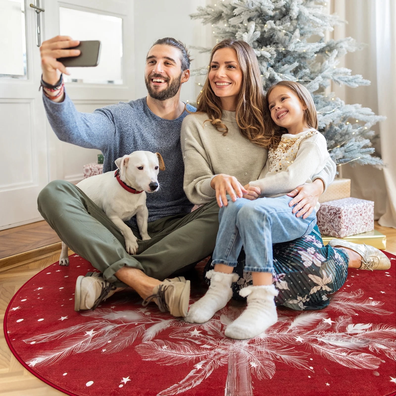 Lahome Christmas Round Rug 5ft Area Rug Red Christmas Tree Rug Washable Rug Indoor Carpet Decorative Circle Rug Round Non Slip Soft Rug Holiday Decor for Kitchen Bedroom Nursery,Red